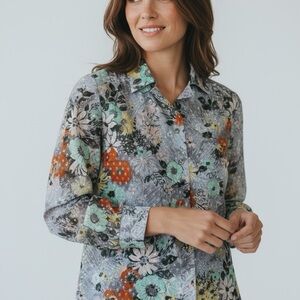 *Vintage Jami Originals Floral Metallic Long Sleeve Blouse Pearl Button